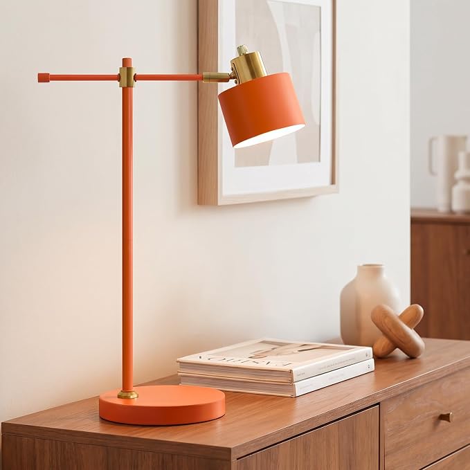 OYEARS 22.2" Modern Desk Lamp, Metal Table Lamp with LED Bulb, Adjustable Reading Lamps for Living Room, Mid Century Task Lamp for Home Office, Industrial Bedside Lamps with Solid Base, Orange
