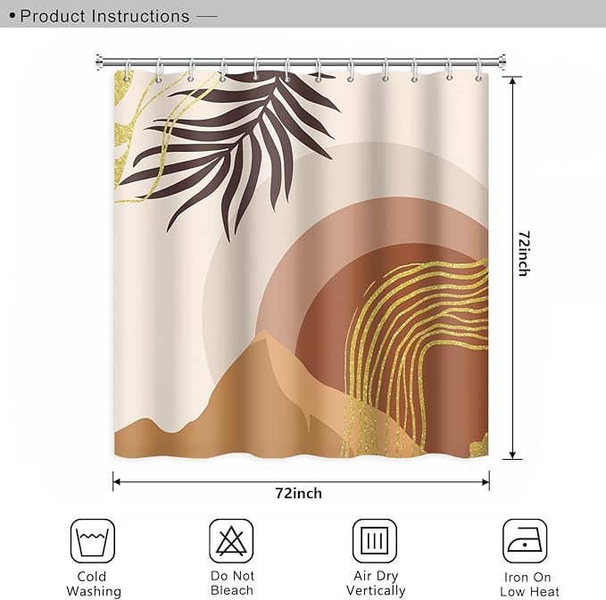Abstract Mid Century Boho Bathroom Shower Curtain with Eucalyptus Leaves Gold Lines Mountains Pattern, Waterproof Polyester Fabric, 72x72 Inch