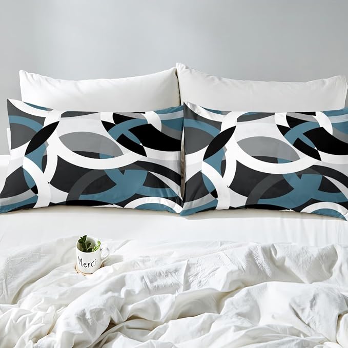 Feelyou Geometric Circle Duvet Cover Modern Retro Grommet Bedding Set Kids Boys Girls Swirls Comforter Cover Grey Blue Black Decor Abstract Stripe Line Bed Set King Size Zipper (No Comforter)