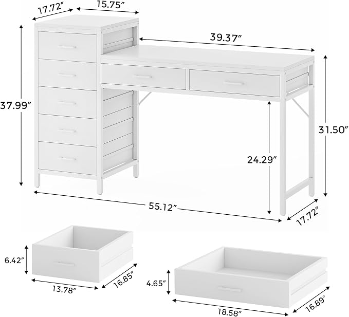Computer Desk with Reversible Drawer, 55 inch Home Office Desks with 7 Drawers, Modern Compact Study Writing Table Workstation with Storage for Small Spaces, All White