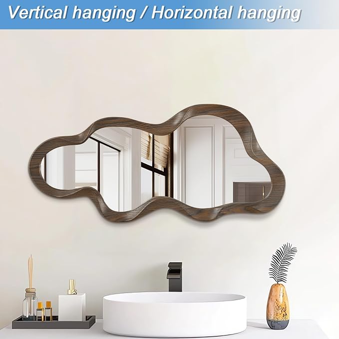 Asymmetrical Mirror Modern Wood Frame Unique Artistic Large Irregular Wall Mirrors Cute and Stylish Cloud Wavy Mirror Decorative for Cloakroom Bedroom Living Room Bathroom Entryway 30"x14"