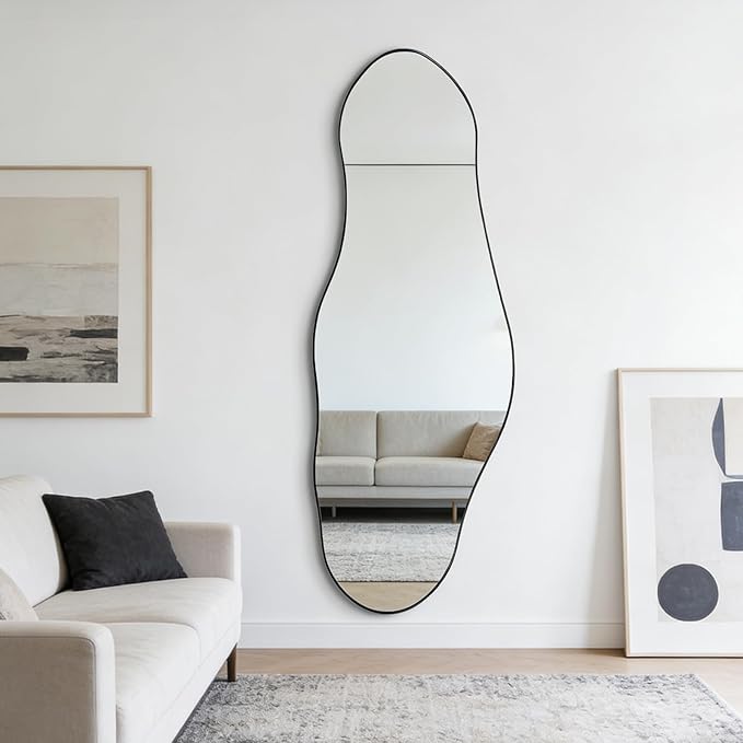 Irregular Mirror Full Length, 63"x22.5" Large Asymmetrical Wall Mirror, Black Metal Frame Abstract Decorative Mirrors for Living Room Bathroom Bedroom Hallway Entryway Fireplace