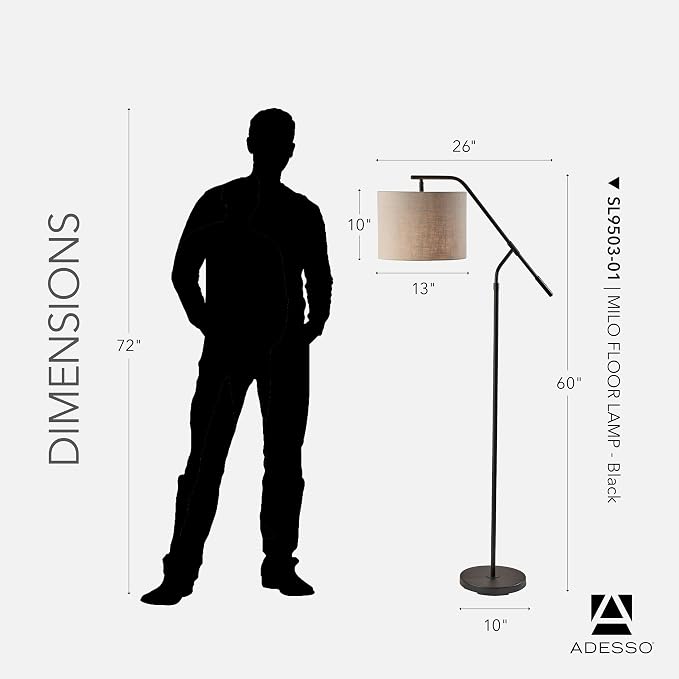 Adesso Black Lamp with Light Brown Shade – Adjustable Arm, 3-Way Switch, Accent Lighting for Bedroom, Living Room, or Home Office, 60” Tall