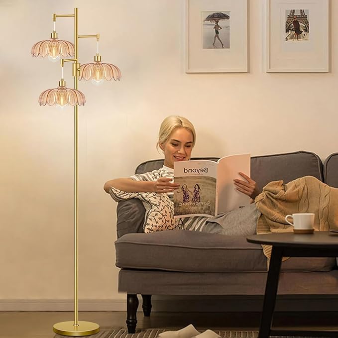 Dimmable Floor Lamp for Living Room Bedroom-3 Light Gold Floor Lamp with Glass Lampshape, Flower Tall Lamp Mid Century Modern Standing Lamp Glass Tree Floor Lamps for Living Room Bedroom,Corner