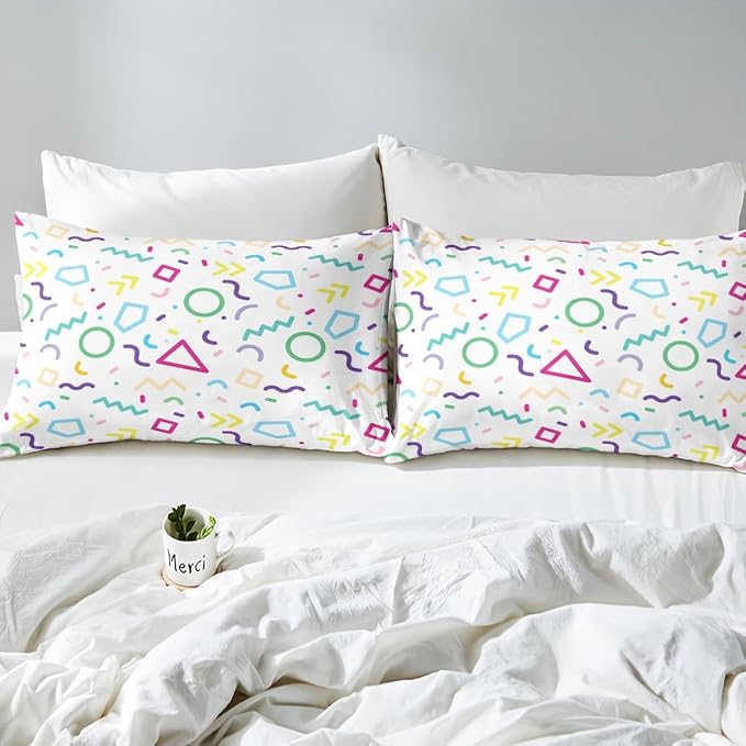 Memphis Duvet Cover Set Queen Size, Colorful Geometric Vintage Bedding Set for Kids Boy Girls, Retro 80s or 90s Fashion Style Comforter Cover Soft Polyester Quilt Cover with 2 Pillowcases,No Comforter