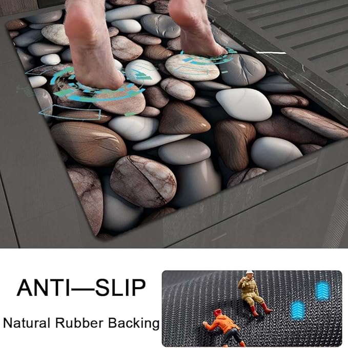 Bath Mat Rug,Rounded River Stones Non Slip Quick Dry Super Absorbent Thin Bathroom Rugs Fit Under Door-Easy to Clean Bathroom Floor Mats-Shower Rug for Shower Sink Bathtub(20" x 31"in)