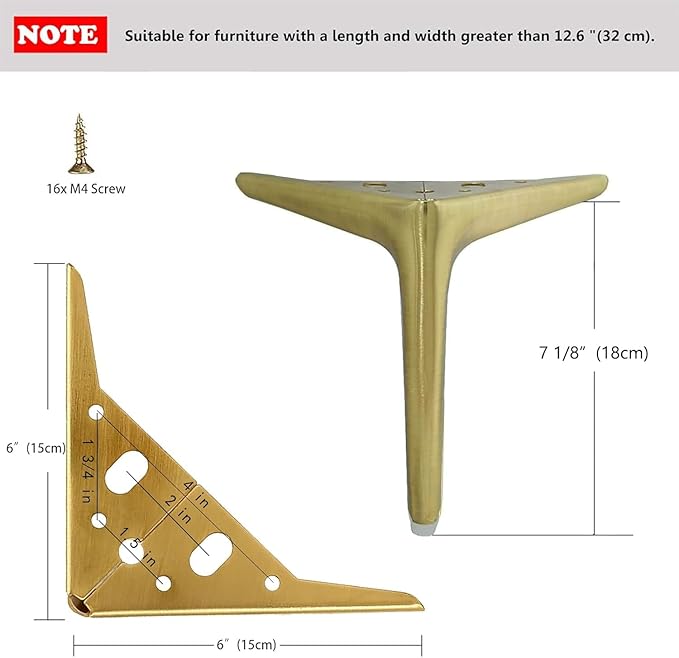 7 inch /18cm Brushed Gold Metal Furniture Legs Set of 4, Modern Style Furniture Legs, DIY Replacement for TV Stand, Sofa, Chair, Cabinet Cupboard