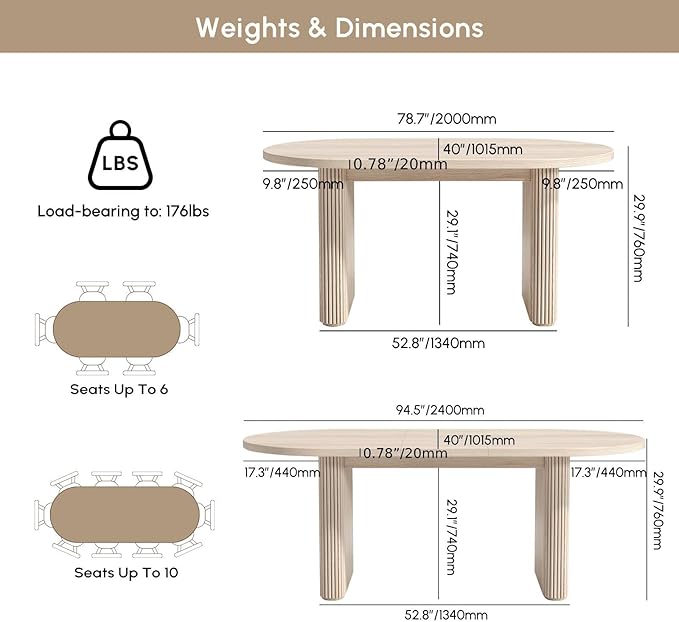 homary Oval Extendable Dining Table 79"–94", Japandi Wooden Dining Table for 6–10, Solid Wood Kitchen & Dining Room Table with Double Pedestal Base (Table Only)