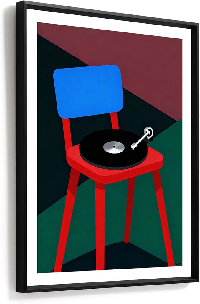 Framed Abstract Music-Inspired Wall Art for Living Room, 12x16 Inch Modern Chair and Vinyl Print, Minimalist Geometric Artwork with Matte Black Metal Frame, Bedroom Office Decor