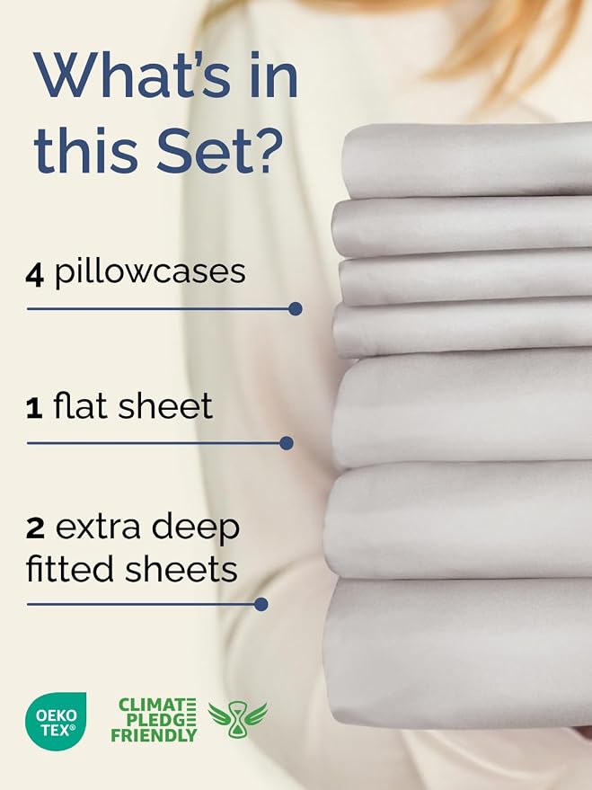 Extra Deep Split King Sheet Set - 7 Piece Breathable and Cooling Sheets - Hotel Luxury Bedding for Women, Men, Kids & Teens - Easy Secure Fit - Soft & Wrinkle Free - Extra Deep Pockets - French Grey