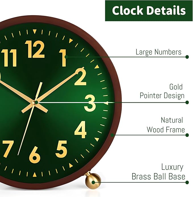 Maxspace Wooden Table Clock,8in Silent Non-Ticking Desk Clock with Gold Ball Base,Battery Operated Desktop Analog Clock for Living Room Office Bedroom Decor (Green Gold - Walnut, Copper Ball Base)