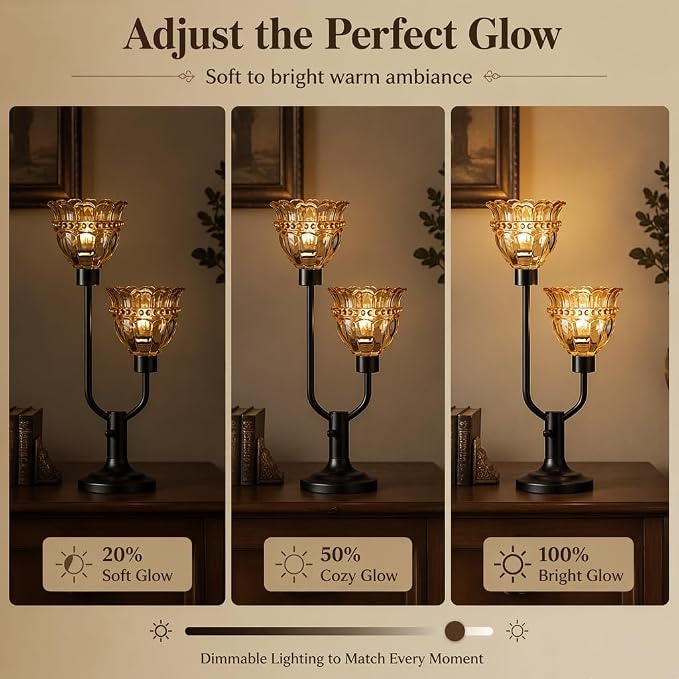 Lightdot Vintage Table Lamp for Living Room Dimmable Mid Century Modern Black Desk Lamp Amber Glass Nightstand Lamp 2 Bulbs Included Warmwhite Ambient Bedside Lamps for Bedroom Home Office Decor Gift