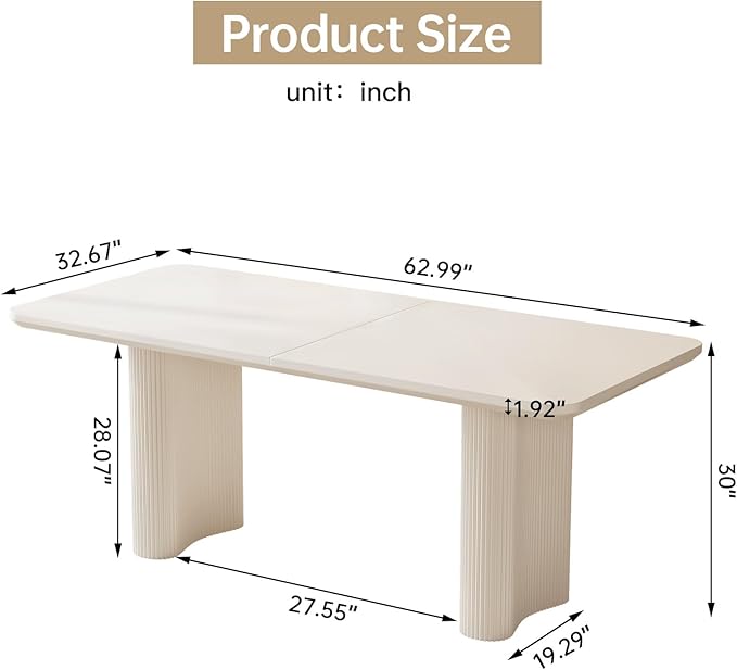 62.99" Rectangular Dining Table for 6, 6 Seat Dinner Table with Thick Top and Wave Shaped Legs for Kitchen, Living Room, White