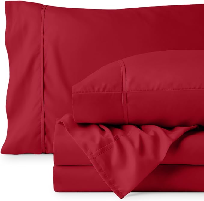 Bare Home Full XL Sheet Set - 1800 Ultra-Soft Microfiber Full Extra Long Bed Sheets - Double Brushed - Deep Pockets - Easy Fit - 4 Piece Set - Bedding Sheets & Pillowcases (Full XL, Red)