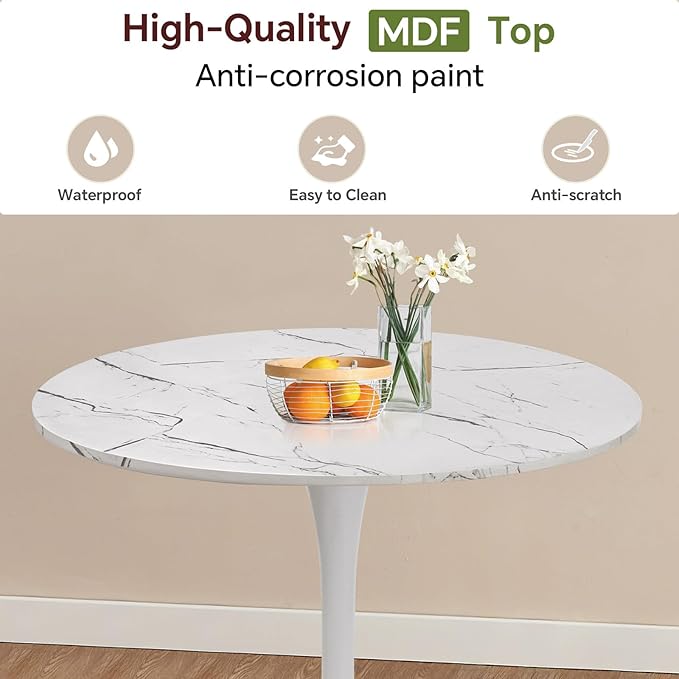 Round Dining Table 31.5" Faux Marble White Tulip Table with Pedestal Base for 2-4 People Small Space - Kitchen Living Room Cafe