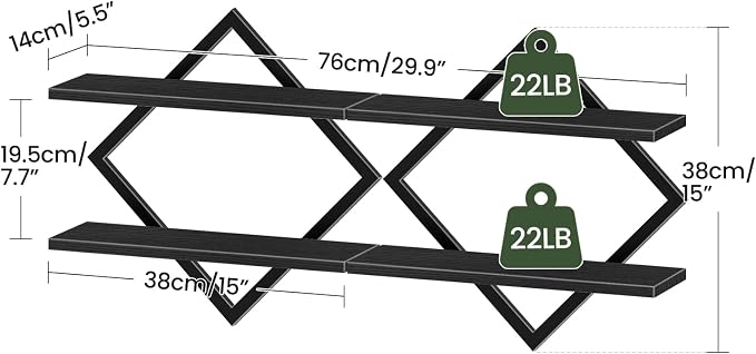 CHOEZON Floating Shelves, Set of 2 Wall Shelves, 2-Tier Hanging Shelves, Wall Shelf Set of 2, Wall Mounted Shelves, for Living Room, Bedroom, Kitchen, Office, Study, Black TBJ01P2BB