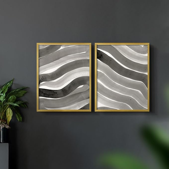 Renditions Gallery Set of 2 Peel & Stick Framed Prints, Watercolor Abstract Wall Art, Black and White Bold Brushstrokes Wall Decor, Re-Stickable - Ready to Hang - 22"x28" - GOLD Frame LT588
