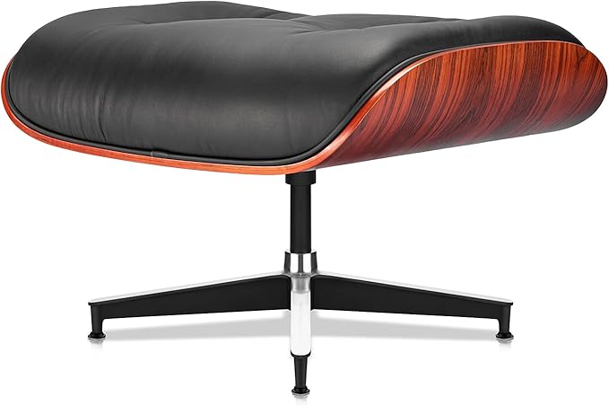 Top Black Grain Leather, Mid Century Chaise Lounge Chair and Ottoman, Modern Chair Classic Design, Red Rosewood, Heavy Duty Base Support for Living Room Study Lounge Office