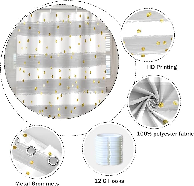 Grey and White Stripes Shower Curtain for Bathroom Abstract Lines Gold Spots Shower Curtain Waterproof Polyester Fabric Modern Art Aesthetics Home Decor Bath Curtain with Hooks, 69x70 Inch