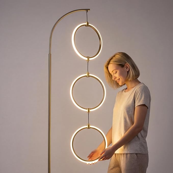 Bairth Gold 3-Light LED Floor Lamp, Modern Arc Floor Lamp for Living Room, Industrial Stepless Dimmable & 3-Way Dimmable Tall Arch Standing Floor Lamp for Reading, Bedroom, Office, Antique Brass