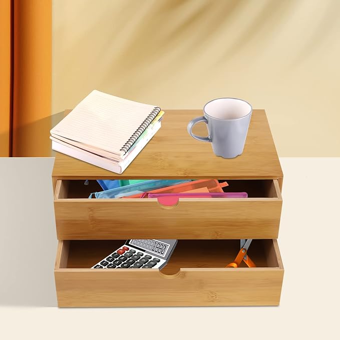 Bamboo Desk Organizer Small Retro Bamboo Tabletop Storage Box with Drawers& Recess Handles for Office Home Supplies Table Storage Collector 13 * 7.5 * 6in (2 Drawers)