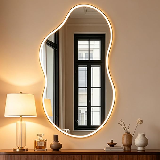 SHYFOY Irregular LED Irregular Wall Mirror, 43" x 23” Modern Asymmetrical Wall Mirror with Lights, Dimmable 3 Color Temperatures, Gold Frame Vanity Mirror for Bedroom, Living Room, Bathroom, Entryway