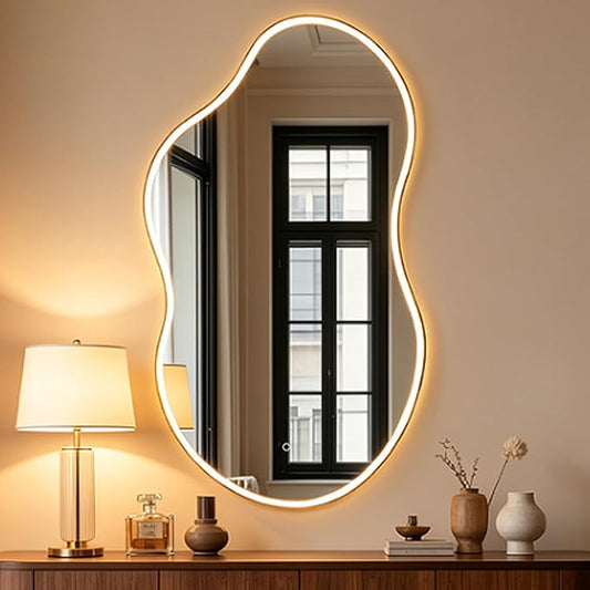 SHYFOY Irregular LED Irregular Wall Mirror, 43" x 23” Modern Asymmetrical Wall Mirror with Lights, Dimmable 3 Color Temperatures, Gold Frame Vanity Mirror for Bedroom, Living Room, Bathroom, Entryway
