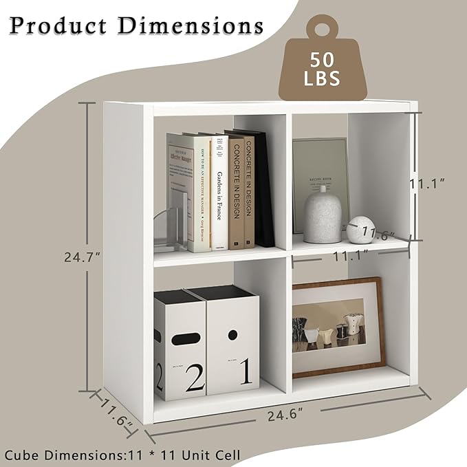 Endearing Limons【2026 Wooden Thick Border 4 Cube Shelf Storage Organizer with Anti-Tipping Kits + Reversible Open Back Bookcase (11 * 11 Unit Cell White)