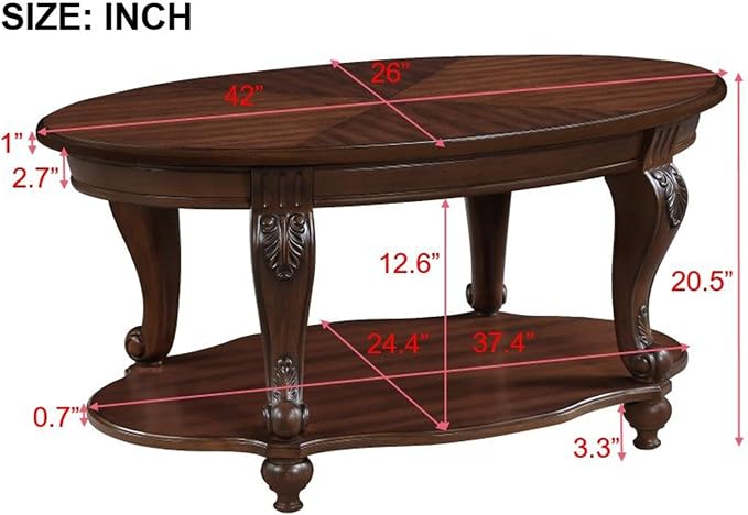 42'' Oval Wood Coffee Table for Living Room, Mid Century Farmhouse Round Coffee Tables for Apartment, Easy Assembly Traditional Coffee Table Centre Table Retro Cocktail Table, Cherry