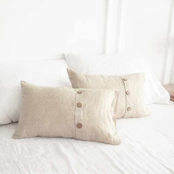 Simple&Opulence 100% Linen Lumbar Pillow Cover 12 x 20 Inch Set of 2 Rectangular Decorative Pillow Cover with Vintage Triple Coconut Button for Couch Sofa Bed Living Room Office Décor - Linen