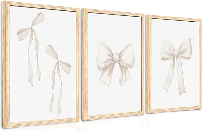 PicturePerfect Decor Set of 3 Bow Shaped Canvas Wall Art, 16x24Inch Framed Prints - Cream Ribbon for Girls Bedroom Nursery Living Room Dressing Room, Minimalist Home Decor with Light Wood Frame