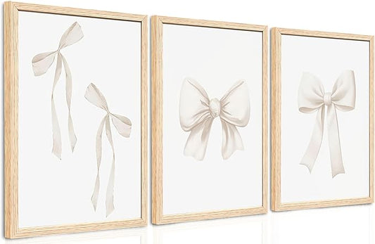 PicturePerfect Decor Set of 3 Bow Shaped Canvas Wall Art, 16x24Inch Framed Prints - Cream Ribbon for Girls Bedroom Nursery Living Room Dressing Room, Minimalist Home Decor with Light Wood Frame