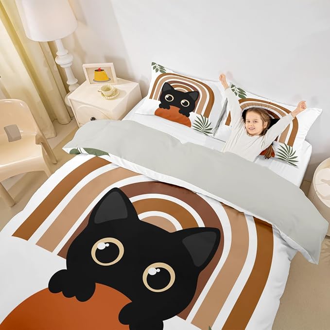 Erosebridal Cartoon Cat Comforter Cover Twin Vintage Mid Century Bedding Set Modern Minimalism Animal Duvet Cover for Kids Girls Boys Adults Boho Abstract Geometric Bed Set
