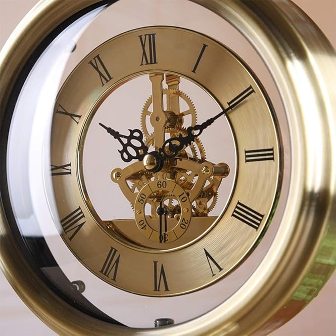 Retro Brass Desk Clock, Classic Metal Antique Clock, Silent Clockwork, Mantel Clock for Living Room, Fireplace, Office, Kitchen Mantel Clock-Metallic-Transparent Movement