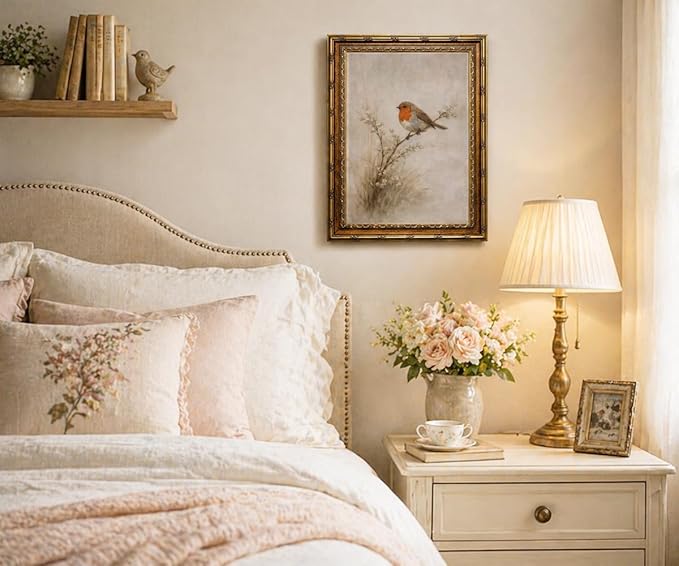 Vintage Gold Framed European Robin Perched on Branch Wall Art - Redbreast Robin Bird on Twig with Flowers Painting Print, Antique Gold Frame Nature Picture Wall Decor 12x16 Inch
