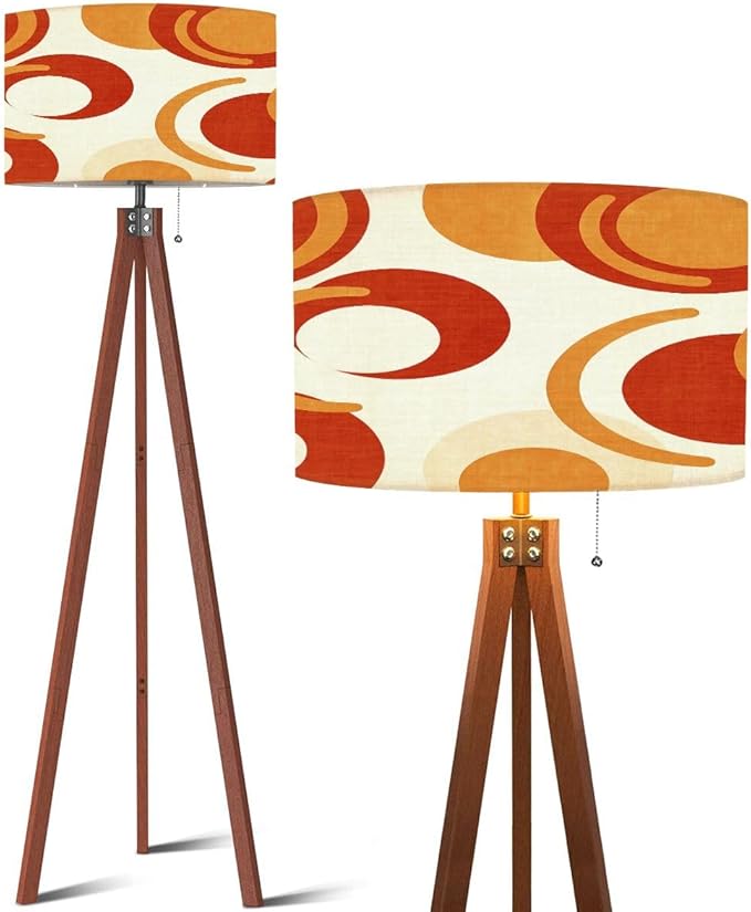 Wood Tripod Floor Lamp Wavy Swirl Psychedelic Groovy 70s 1970s Style Mid Century Orange Retro Mid Century Standing Lamp Linen Shade Dimmable Modern Tall lamp Home Decor for Living Room Bedroom Office