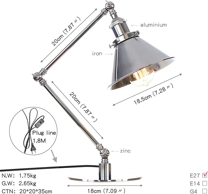 Makeup Vintage Desk Lamp, Industrial Metal Task Table Lamp with Adjustable Swing Arm, Bedroom Bedside Night Light Cafe Retro Reading Lighting,Chrome
