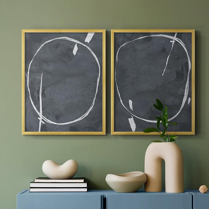 Renditions Gallery Set of 2 Peel & Stick Framed Prints, Abstract Wall Art, Circular Momentum Design Wall Decor, Re-Stickable - Ready to Hang - 22"x28" - GOLD Frame LT588