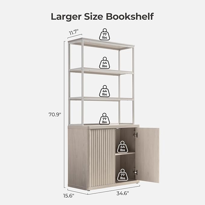 SICOTAS Book Shelf Fluted Bookshelf 71" Tall Bookcase with Doors Storage 5 Tier Mid Century Modern Bookshelves Large Shelves Metal Book Cases for Living Room Office Bedroom Kitchen Library (White)