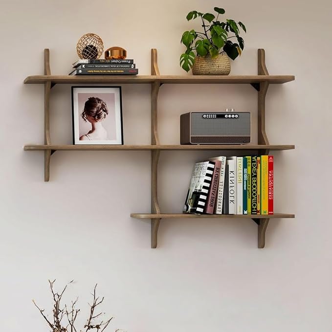 Mid-Century Modern L-Shaped Floating Wall Shelf, 3-Tier Wooden Bookcase, Stylish Grid Display Shelf for Home, Office, Cafe, Indoor Decor, Space-Saving Storage