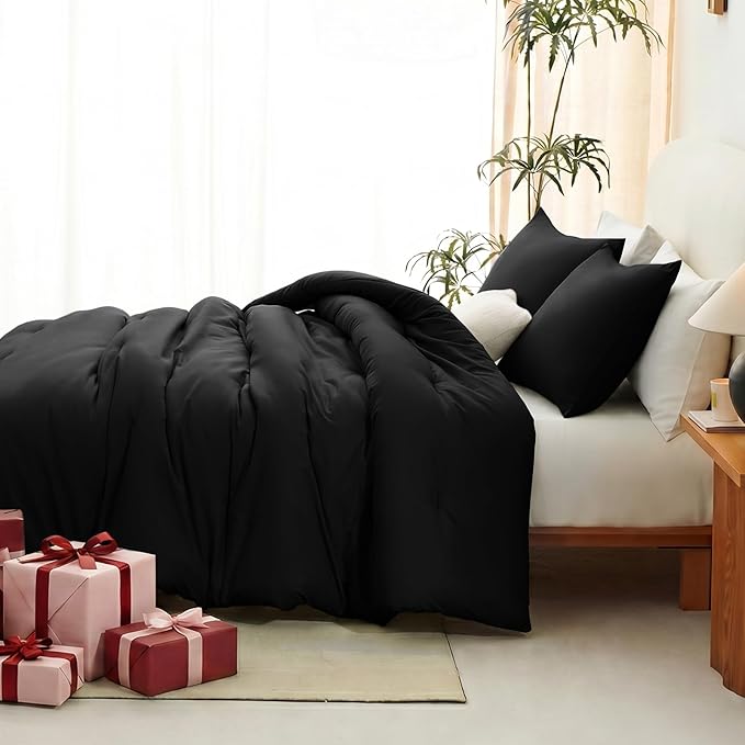 CozyLux Oversized King Comforter Set Black, 3 Pieces 120"x98" Lightweight Down Alternative Quilted Bedding Sets, All Season Soft Breathable Solid Comforter with 2 Pillowcases, Bed Set Gift for Home