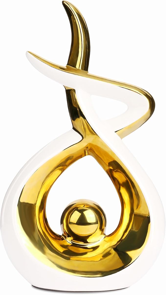 Querro Modern Abstract Ceramic Statue - Elegant White & Gold Decor for Home Living Room, Dining Table Centerpiece & Office Shelf | Luxury Aesthetic Sculpture(Small)
