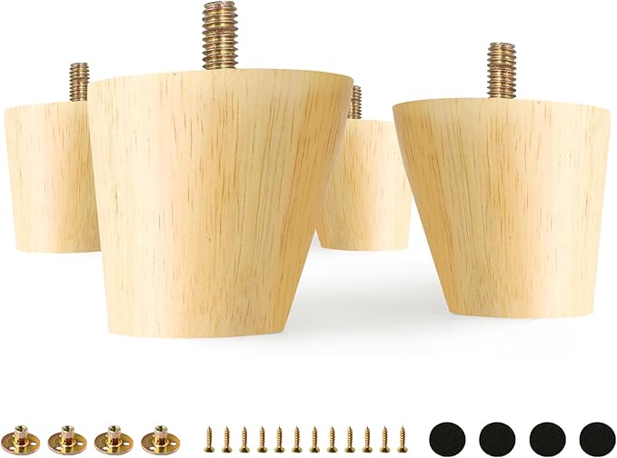FoDau770 Rubber Wood Furniture Legs 2 Inches, Slant Tapered Wood Feet Mid Century Sofa Legs Set of 4, 5/16" UNC Furniture Feet Replacement Parts for Cabinet Couch Dresser Chair Ottoman Table