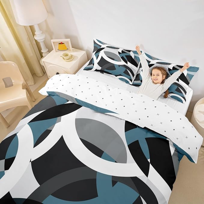 Feelyou Geometric Circle Duvet Cover Modern Retro Grommet Bedding Set Kids Boys Girls Swirls Comforter Cover Grey Blue Black Decor Abstract Stripe Line Bed Set Twin Size Zipper (No Comforter)