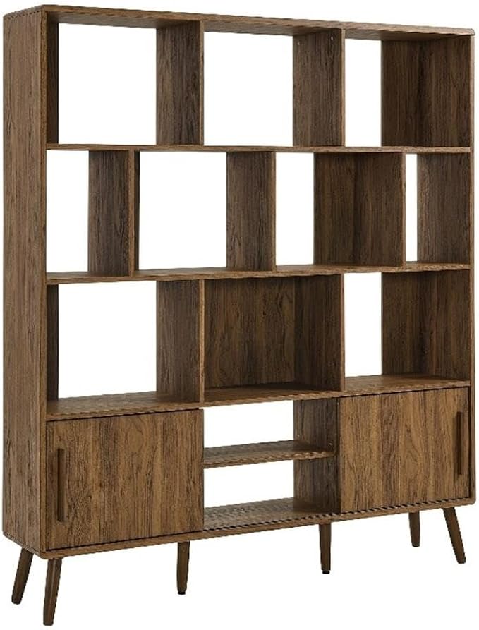 Modway Transmit 14 Shelf Bookcase with Sliding Doors in Walnut - 59 Inch Wood Mid-Century Modern Bookshelf - 4 Tier Wide Open Display Storage Cabinet for Living Room, Office, Hallway