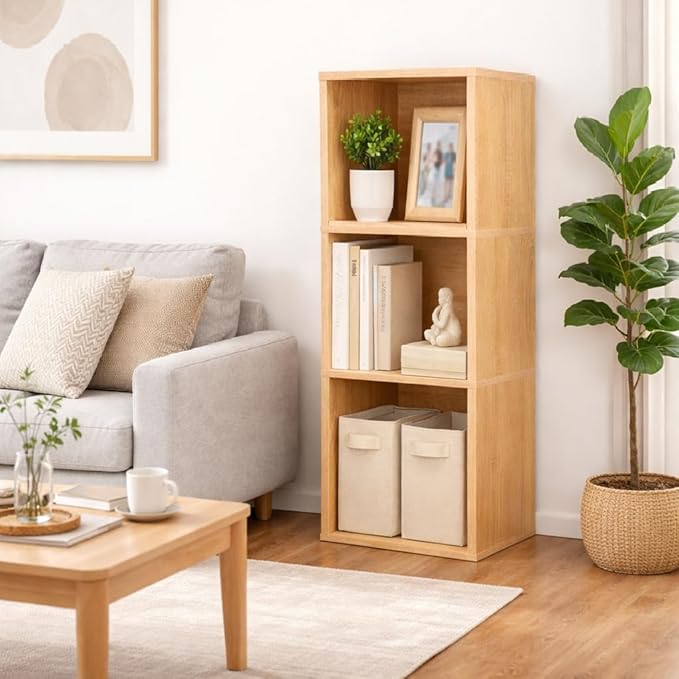 Cube Storage Shelf, 3 Cube Storage Organizer, 3 Tier Bookshelf Small Bookcase, Wooden Book Shelf for Bedroom, Small Bookshelf for Living Room and Office (Natural, 3 Cube)