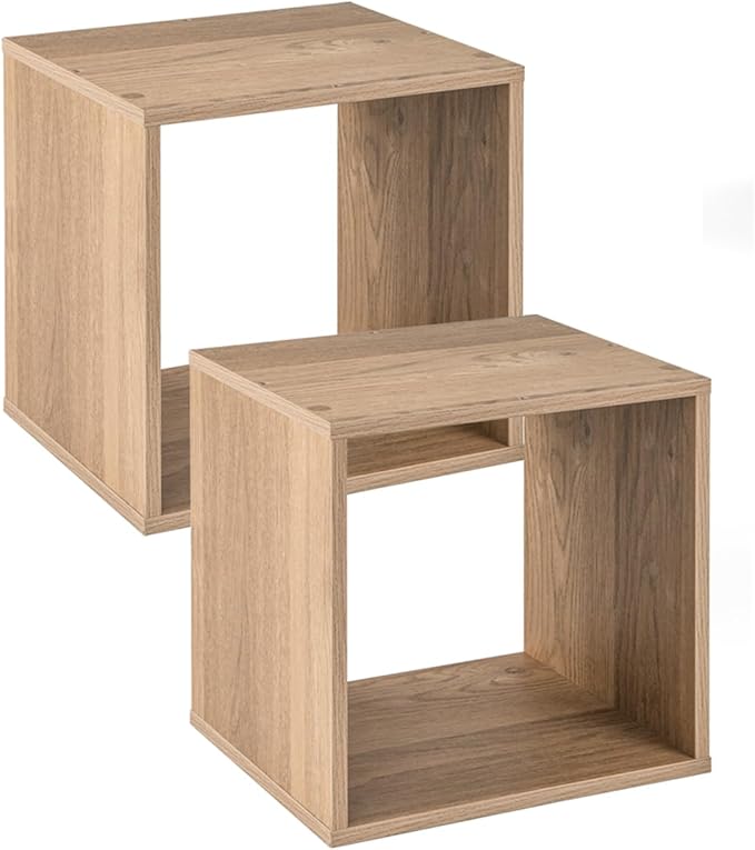2 Stackable Cubes Bookcase, Wooden Cubby Storage Organizer with Anti-Tipping Device, Small Book Shelf for Small Space, Combination Square Bookshelf Cubes (1, Natural)