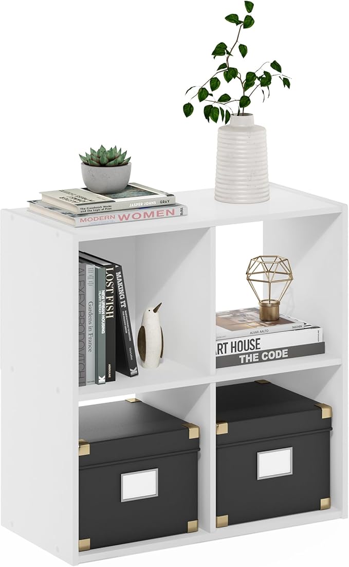 Furinno PELLI Book Shelf, 4-Cube Bookshelf with Open & Closed Back Cubes, 2 x 2 Storage Organizer Cabinet, 11.6 x 24.2 x 24.2, for Living Room, Bedroom, Home Office, White