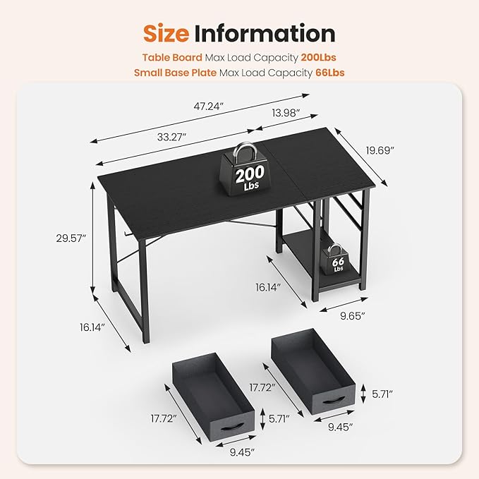 Sweetcrispy 47 Inch Computer Desk with Drawers for Home Office Writing Desk X Shaped Reinforcement Wood Surface Adjustable Position Modern Study Work Side Hook Metal Frame Storage Station Black