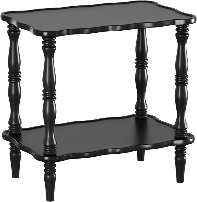 Solid Wood End Table Living Room - 23.6" H Small Narrow Rectangle Wooden End Table for Small Spaces, Dark Real Black Solid Wood Vintage Antique Side Bedside Table Nightstand with 2-Tier Storage